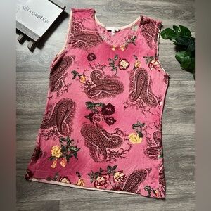 ESCADA Pink Floral Paisley Knit Sleeveless Top w Metallic Trim. Size EU 38